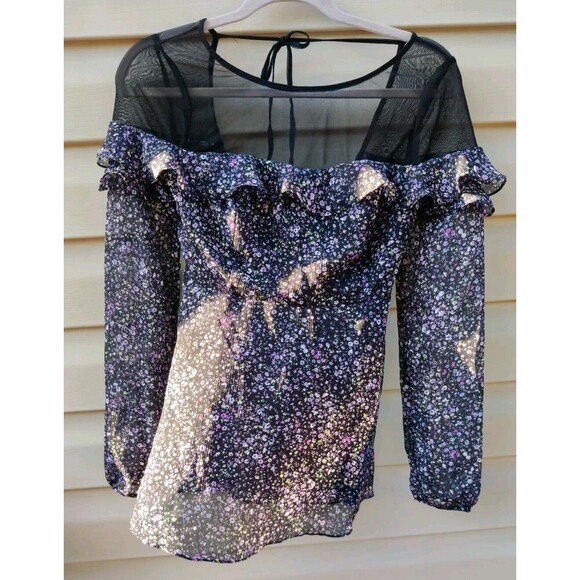 Free People Black Purple Floral Smocked Ruffle Sheer Tie Neck Top Blouse Size 2 - Picture 2 of 12